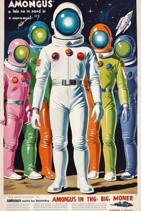 1950s warning poster, titled "AMONGUS" spacemen in suits of various bright colours and big white boots stand in a line, one is transforming into a monster