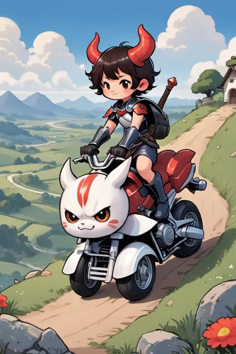 cute comic, a warrior enjoys a vast countryside vista from his motorbike, huge sword on his back, cute demon companion