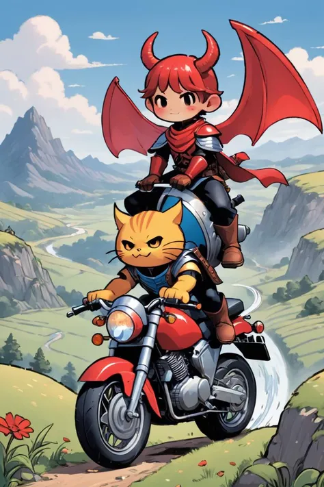 cute comic, a warrior enjoys a vast countryside vista from his motorbike, huge sword on his back, cute demon companion