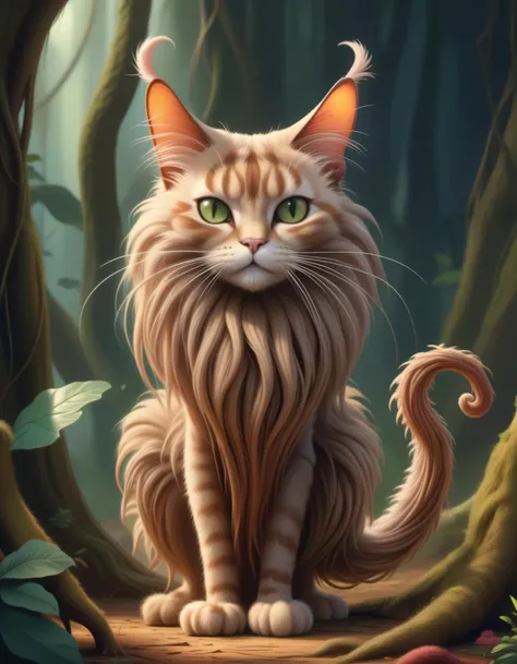 (masterpiece, best quality, high quality, highres, colorful), an digital art style render of a Colossal Elongated Root-like Spacious Elongated,  Webbed Appendages,  Short-Tailed, Wooly Fur, Cat Ears,