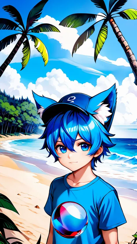 1boy, aki, crimson hair, crimson animal ears, masterpiece, ultra detail, forest, blue eyes, (cute shirt:1.3), glass orb, galaxy, blue hair, hat, masterpiece, ultra detail, beach, blue eyes, (cute shirt:1.3), crimson hair, crimson animal ears, masterpiece, ...