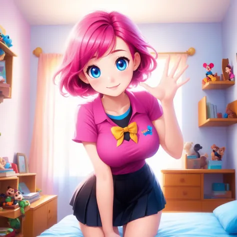 (disney pixar style:1.15) (cute adorable girl:1.1) (adult age 19:1.1)  short hotpink hair, sexy smile, thin and fit, bright blue eyes, short blue schoolgirl skirt, large breasts, plain black tshirt, waving, holding one hand up, perfect hand  zoomed out, wi...