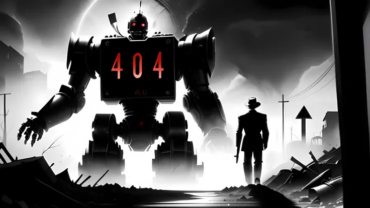 Film noir style masterpiece, 8k, high quality, broken robot, a sign that reads "404" on it, post-apocalyptic, somber, dramatic, highly detailed <lora:InfraBlackholeTechAIp:1> . Monochrome, high contrast, dramatic shadows, 1940s style, mysterious, cinematic