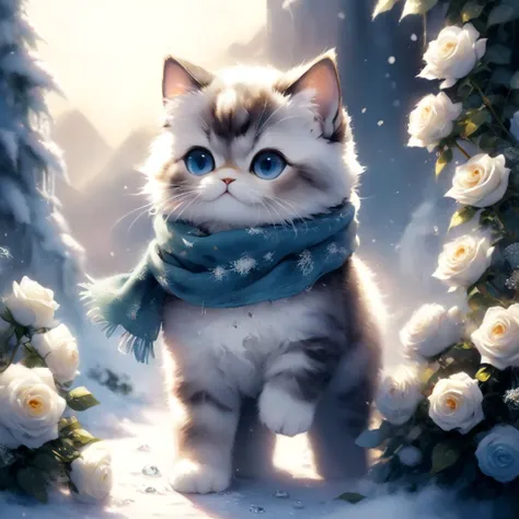 professional enamel painting art of a cute persian kitten wearing wool scarf and surrounded by clear ice roses. It is winter morning time and clear weather. cinematic focus on the cat, dynamic pose, dynamic background, dynamic composition, dynamic lighting...