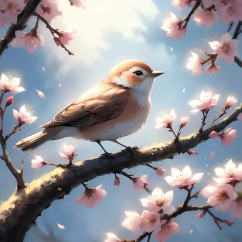 professional painting by Alayna Lemmer of a single nightingale singing in a sakura tree. It is spring morning time and clear weather. cinematic focus on the nightingale, dynamic pose, dynamic background, dynamic composition, dynamic lighting, realistic pro...