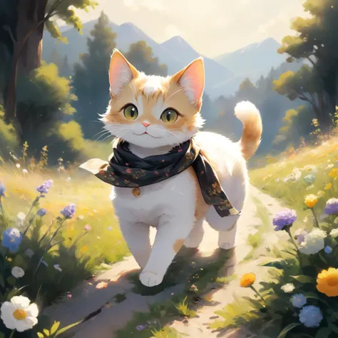 professional painting by Alayna Lemmer of a single cat wearing a small silk scarf. The cat is walking and has happy expression. It is summer morning time and clear weather. There is a field with pretty flowers in the background. cinematic focus on the cat,...