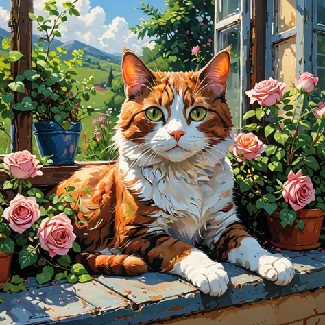 professional enamel painting art of a cat. The cat is laying on a windowsill. It is summer morning time and clear weather. There is a roses garden on the other side of the window. cinematic focus on the cat, relaxed pose, dynamic background, dynamic compos...