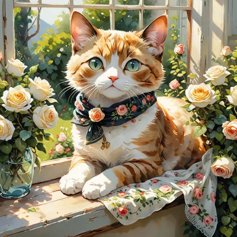 professional ultra detailed painting by Alayna Lemmer of a single cat wearing a small silk scarf. The cat is laying on a windowsill. There is a roses garden on the other side of the window. It is summer morning time and clear weather. 