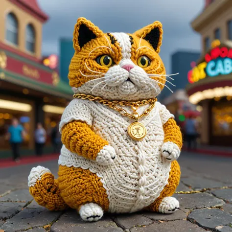 professional ultra detailed amigurumi of a fat cat by Alayna Lemmer. The cat is wearing a gold chain on its neck. There is a casino in the background.  