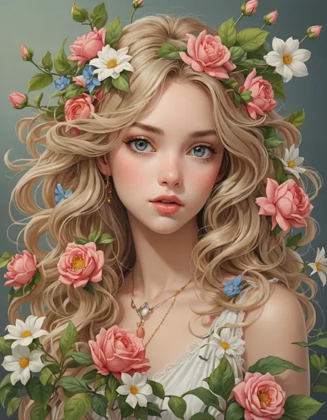 a painting of a girl with flowers in her hair