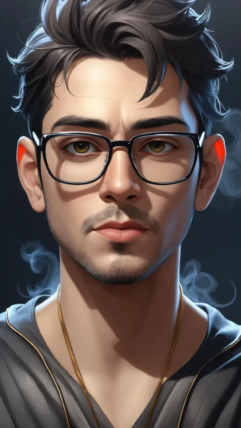 a man with glasses and a necklace on his neck