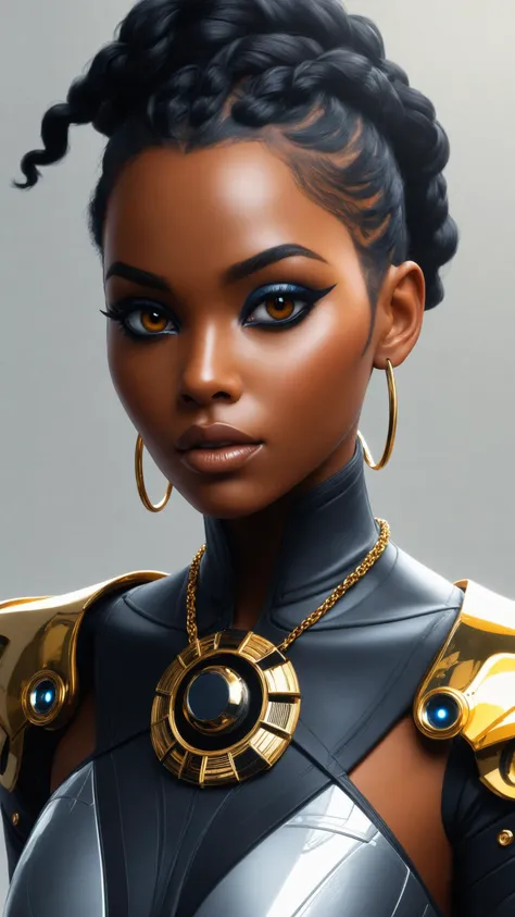 a black woman with a gold and black outfit and a gold necklace