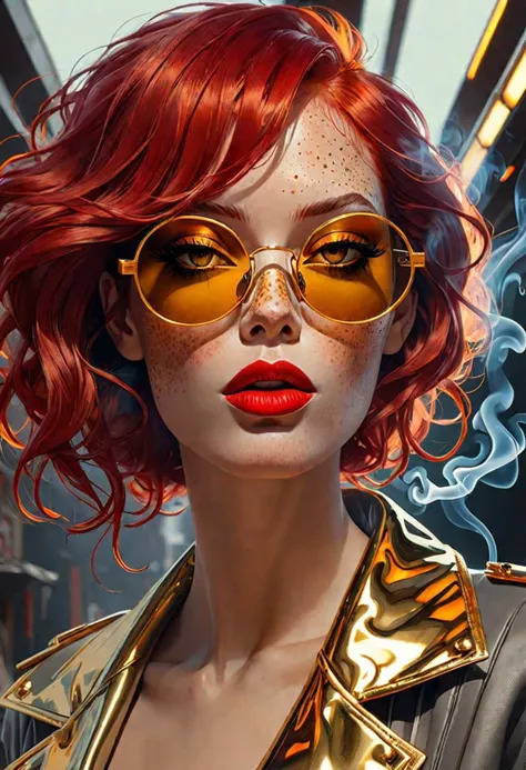 designed by greg manchess,smoke, Close Portrait of a woman, bright detailed eyes, sleek scarlet hair, dense freckles, matte lips, cigarette mouth, futuristic, gold glasses, trending on art station, smoke, abstract, photoreal, 8 k, octane render by greg rut...