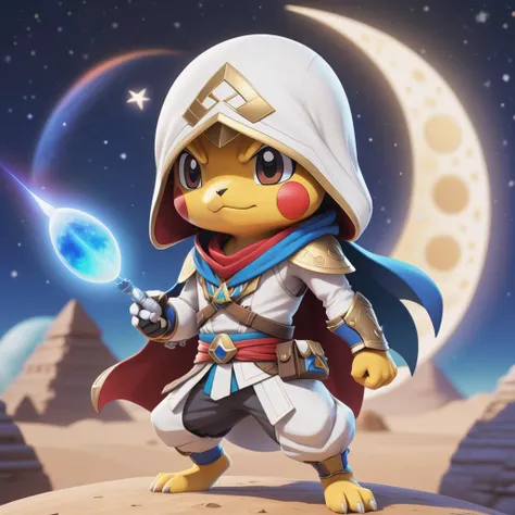 Pokémon style assasin creed cuts the moon in half , science fiction, galactic . Vibrant, cute, anime, fantasy, reminiscent of Pokémon series