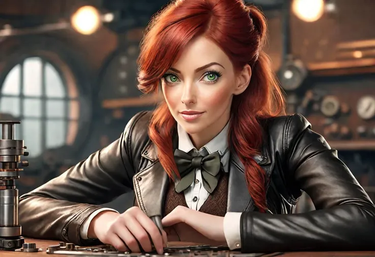 steampunk woman, 30 years old, red hair, green eyes looking at model steam piston on table, 4k, cinematic, realistic, happy, pov:1.3, modest outfit,leather jacket, waist coat, bow tie around neck