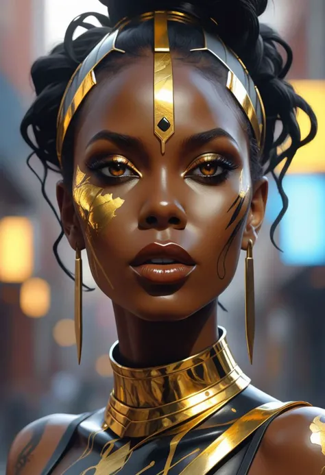 designed by greg manchess,smoke, Close Portrait of a Black model woman, bright eyes, glossy lips, futuristic gold face war paint, trending on art station, photoreal, 8 k, octane render by greg rutkowski,  art by Carne Griffiths and Wadim Kashin ,in the sty...