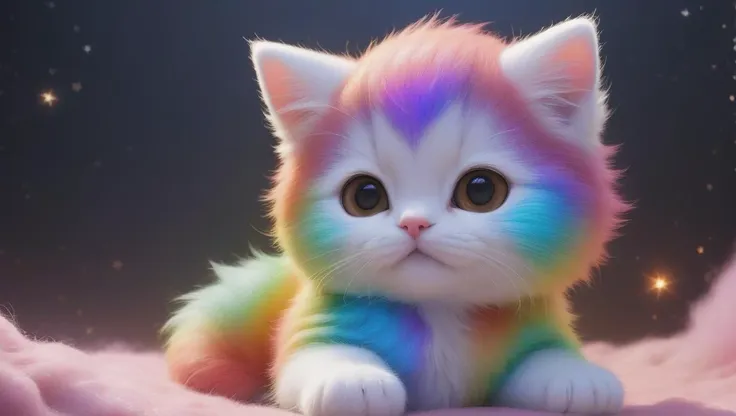 there is a cat that is sitting on a blanket with a rainbow colored tail