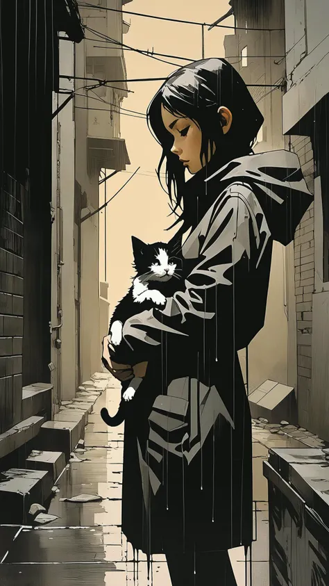 designed by greg manchess, a girl  in an alley, feeding a  kitten in the rain, in the style of manga, monochromatic shadows, dynamic lighting, trending on art station, photoreal, 8 k, octane render by greg rutkowski,  art by Carne Griffiths and Wadim Kashi...