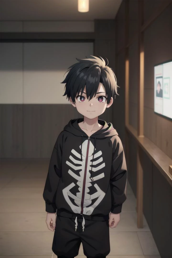 a boy in a black jacket standing in a hallway with a skeleton on his back