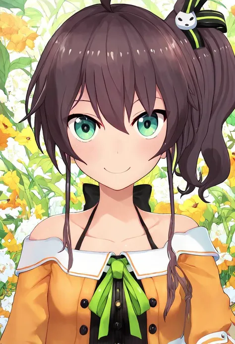 anime girl with long hair and green eyes in a field of flowers