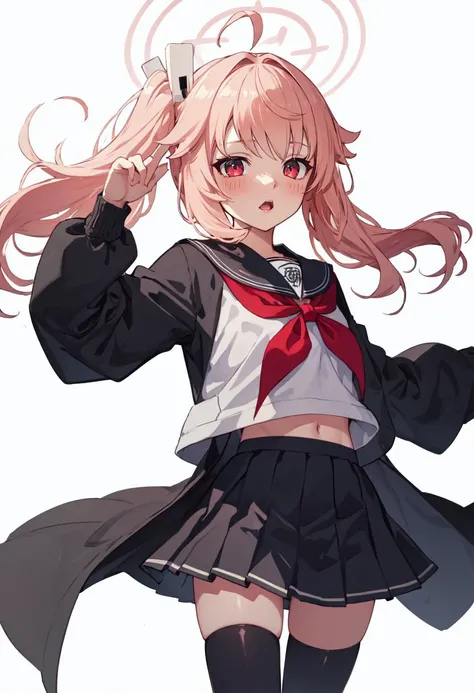 best quality, masterpiece, highres, solo, (natsu_bluearchive:1.10), 1girl, black thighhighs, blush, looking at viewer, pleated skirt, red neckerchief, serafuku, simple background, white background, black skirt, long sleeves, open mouth, black sailor collar...