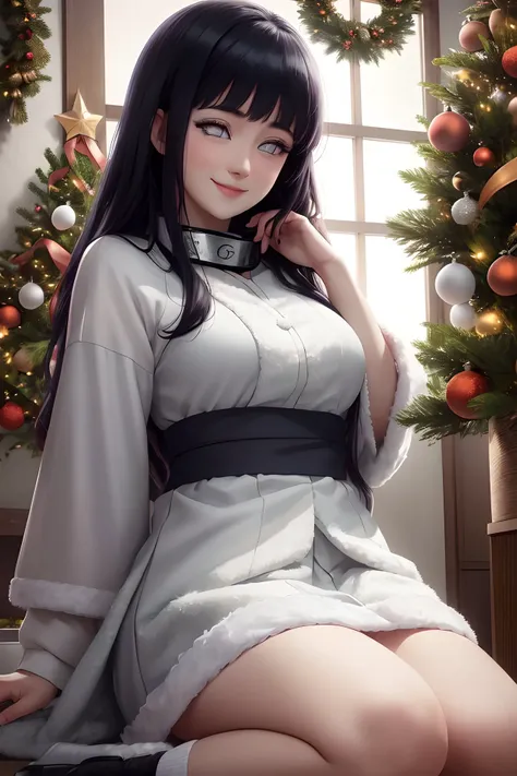 a woman in a white dress sitting next to a christmas tree