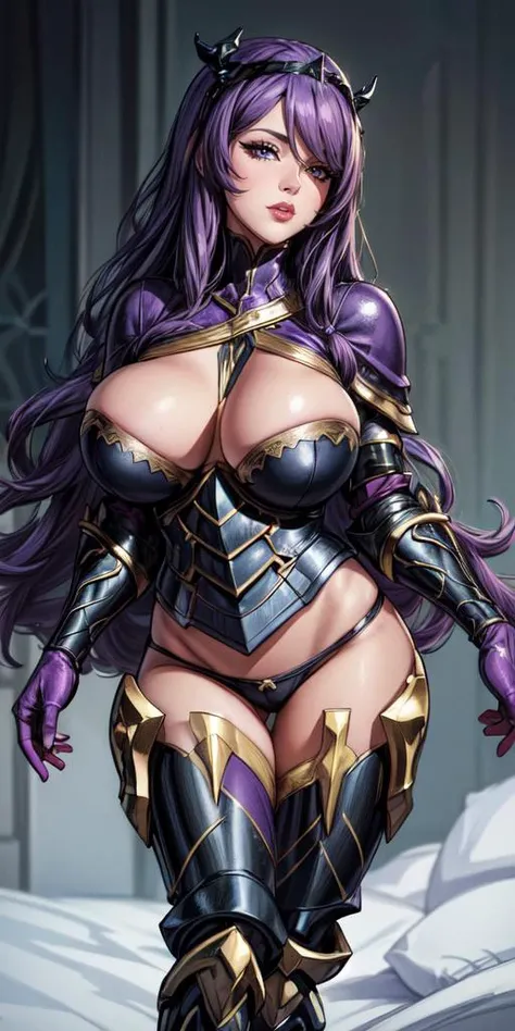 (masterpiece, 8k, 4k, extremely detailed, best quality, absurdres:1.4) nice hands, perfect hands, 1girl,  mature, milf, sexy, (huge tits:1.3) <lora:more_details:0.8>  <lora:camilla-nvwls-v1:lbw=all:step=10-30> defCamilla, tiara, armor, gloves, gauntlets, b...