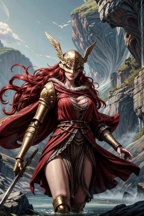 a woman in a red dress and gold armor holding a sword