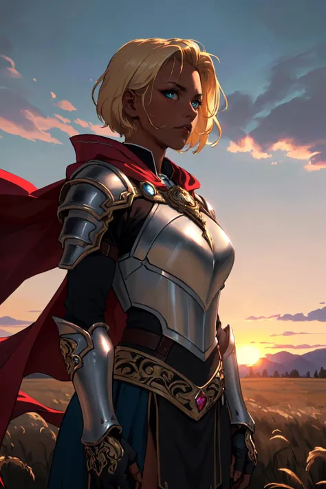 a woman in armor standing in a field with a sunset behind her