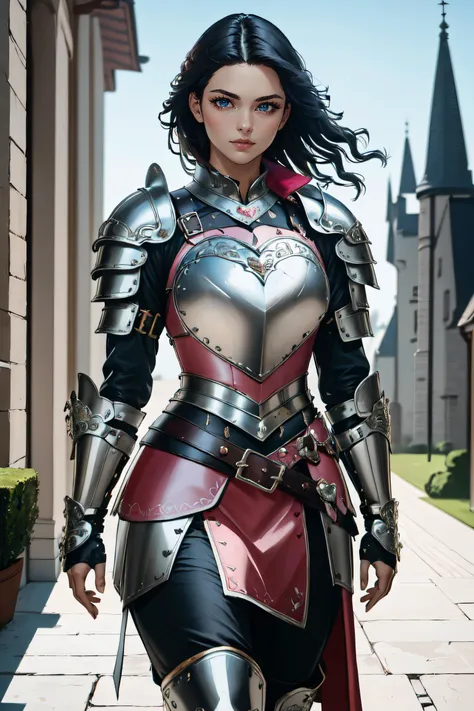 (masterpiece, best quality, ultra detailed, absurdres:1.5), 1girl, (sexy, beautiful woman, perfect face, perfect eyes, perfect female body:1.5), (h34rt, heart, ornate breastplate, pauldrons, belt, gauntlets, belt, plunging neckline, armored boots, long hai...