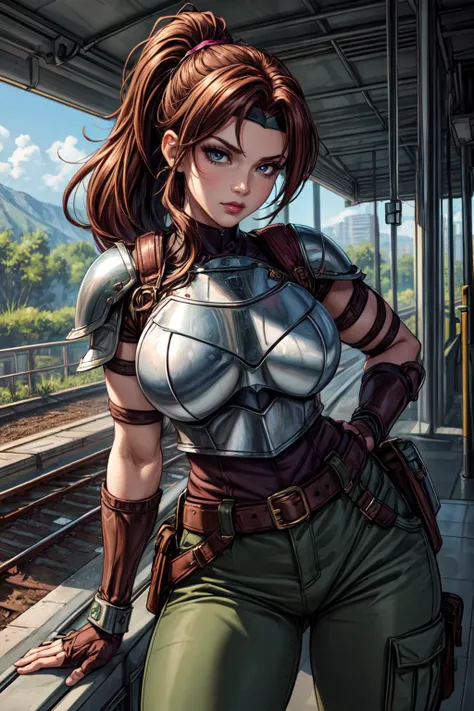 a woman in a silver and green outfit standing next to a train