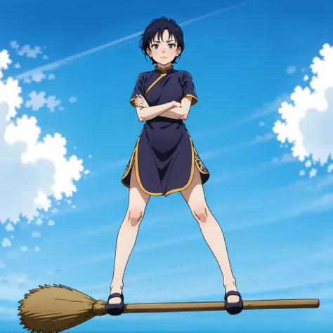 <lora:broom003:0.7>,
arms crossed,cheongsam,
broom_standing_riding,
broom riding,broom,standing,
blue sky,