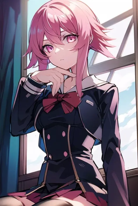 serikaonoe, <lyco:serikaonoe-LYCORIStest:1>,
serika onoe, short hair, pink hair, (pink eyes:1.5),
BREAK skirt, thighhighs, long sleeves, bow, school uniform, black thighhighs, red bow, zettai ryouiki,
BREAK looking at viewer, hands behind head,
BREAK indoo...