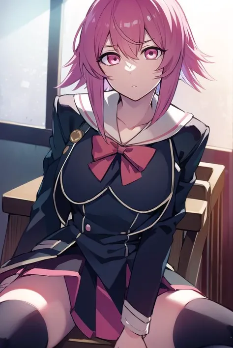 serikaonoe, <lyco:serikaonoe-LYCORIStest:1>,
serika onoe, short hair, pink hair, (pink eyes:1.5),
BREAK skirt, thighhighs, long sleeves, bow, school uniform, black thighhighs, red bow, zettai ryouiki,
BREAK looking at viewer, hands behind head,
BREAK indoo...