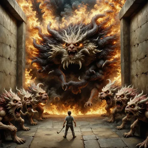 a man standing in front of a bunch of demonic creatures