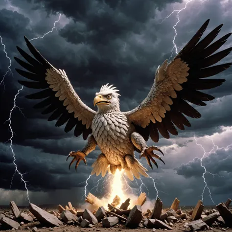 a close up of a bird flying over a pile of rocks