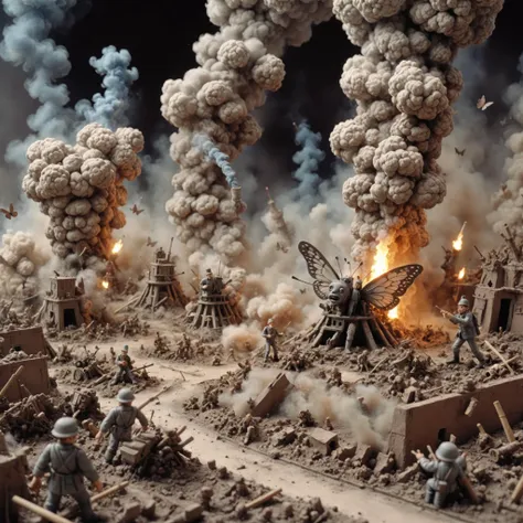 a close up of a model of a war scene with a lot of smoke