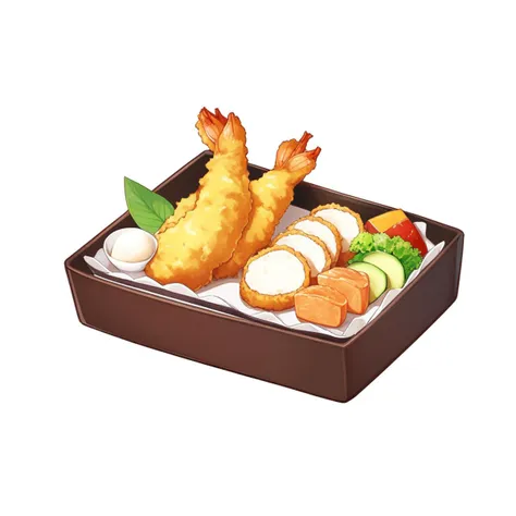 there is a tray with food on it that includes fried fish and vegetables