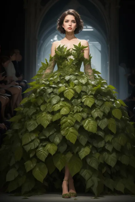 a woman in a green dress with leaves on it