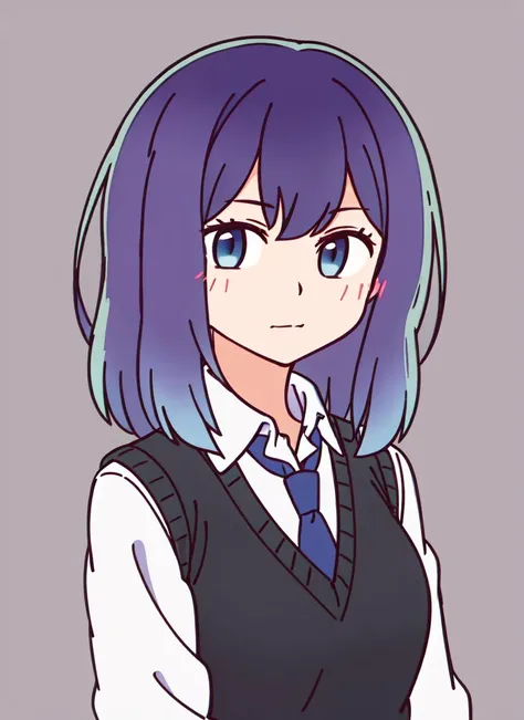 anime girl with blue hair and a vest and tie