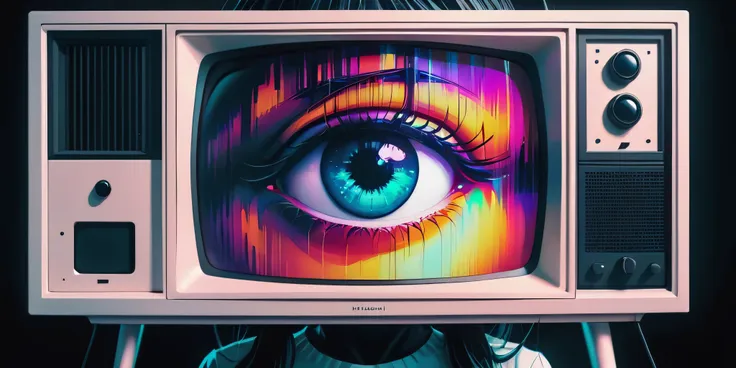 there is a television with a picture of a woman's eye on it