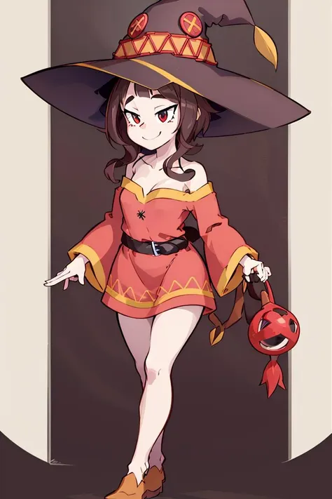 a cartoon girl in a witch costume and hat holding a red bell