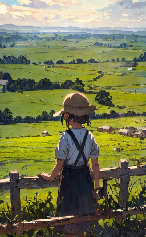 painting of a girl looking out over a green field