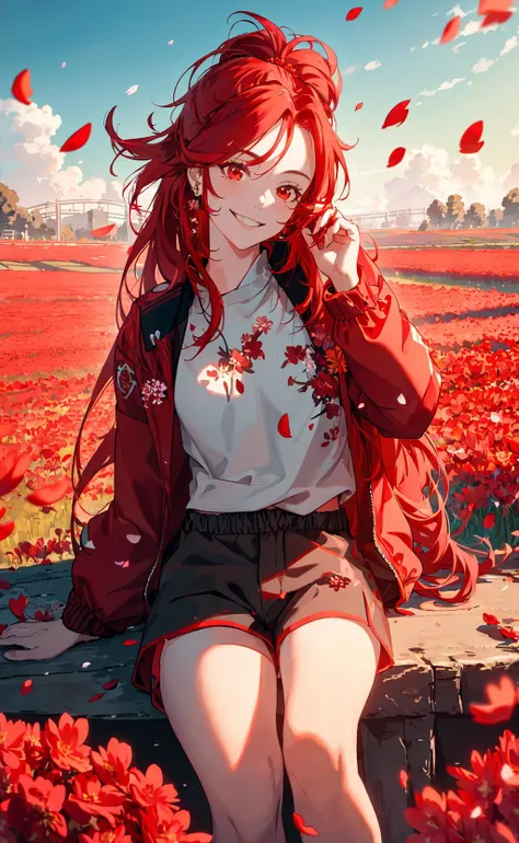 masterpiece, best quality, 1girl, relaxing in a field of red flowers, (petals:1.2), red ponytail, long hair, oversized track jacket, shorts, jewelry, smile, sky, portrait, soft lighting, tone-mapping, LUT, ambient occlusion