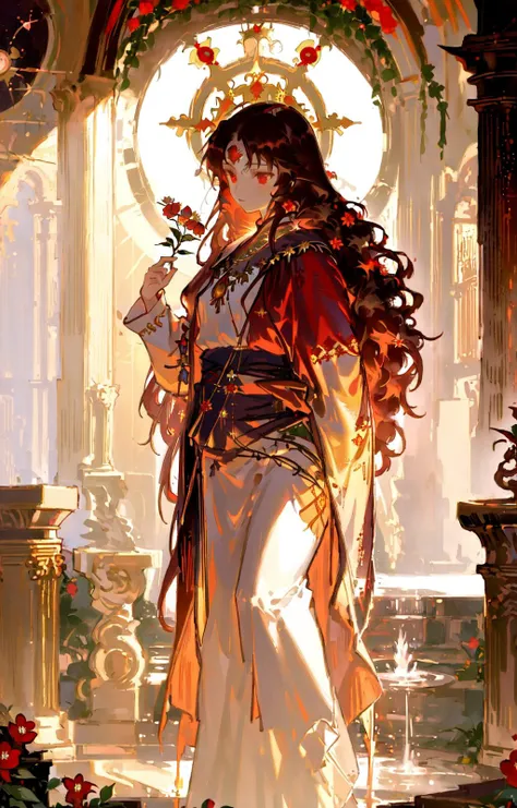 masterpiece,best quality,(Style by NTY:1.2),intricate,1girl,full body,priestess,absurdly long hair,curly hair,brown hair,red eyes,sacred,altar,fountain,plants,berry,flower,lightbeam from dome,holy light,<lora:OilPaint:0.7>,<lora:backlighting:0.5>,