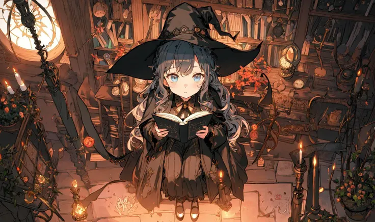 anime girl in witch costume reading a book in a library