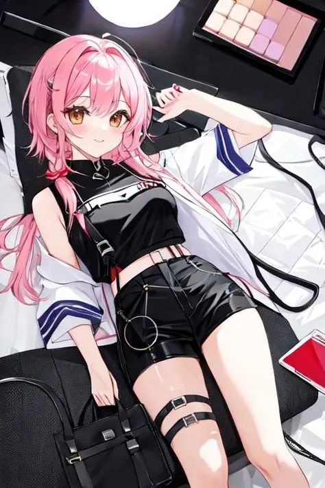 anime girl laying on bed with makeup and makeup products