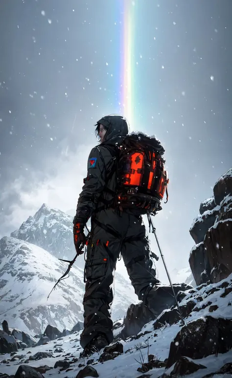 realistic photograph of Norman Reedus hiking through the mountains, Death Stranding, close-up, hood up, bulky jumpsuit, backpack, rainbow, snow, snowy, snowing, windy, river, blizzard, from below, from behind, dramatic angle