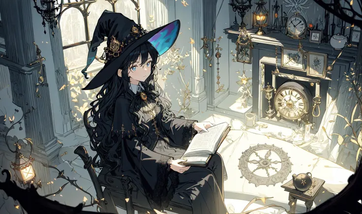 masterpiece,best quality,sketch,from above,witchs home,(fireplace:1.1),magic plants,bookshelf,colorful wall lamp,warm,cozy,1girl,witch,(mature female:1.2),sitting in cozy chair,reading,very long hair,wavy black hair,light blue eyes,black and white cloths,v...