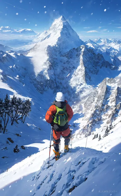 skier on a steep mountain with a view of a snowy mountain